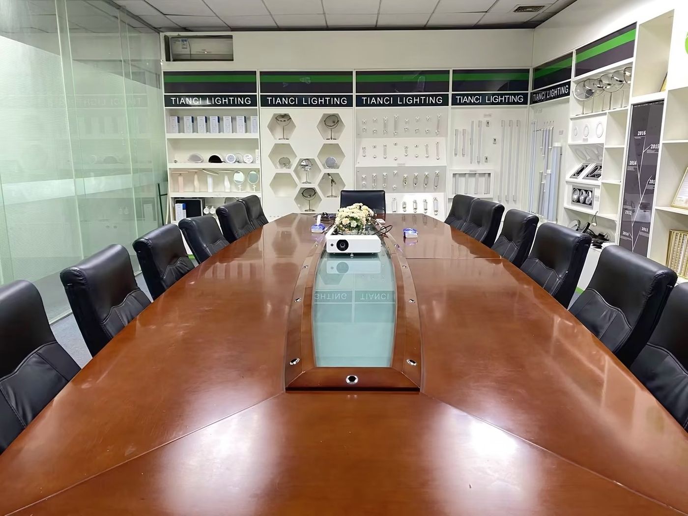 Meeting room with product display wall