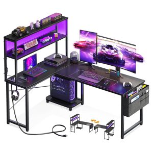 L Shaped Desk Gaming Desk with LED Light & Power Outlet