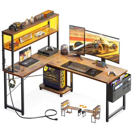 L Shaped Desk Gaming Desk with LED Light & Power Outlet