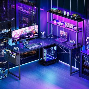 L Shaped Desk Gaming Desk with LED Light & Power Outlet