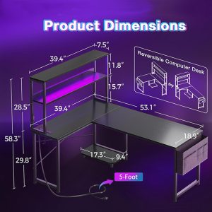 L Shaped Desk Gaming Desk with LED Light & Power Outlet
