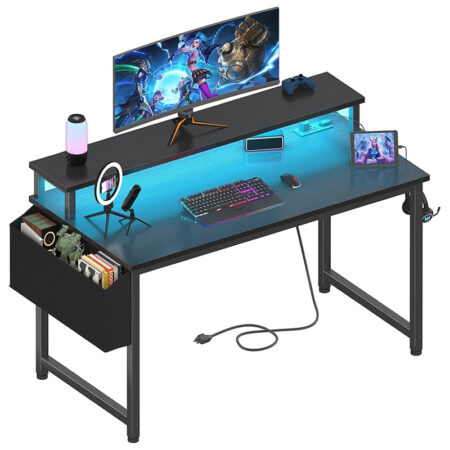Black Gaming Desk with LED Lights and Power Outlets