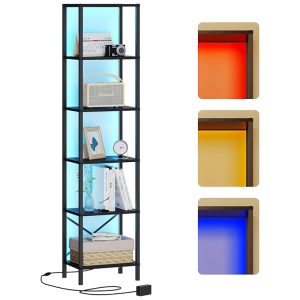 6-Tier Bookshelf, Tall Narrow Bookcase with LED Lights
