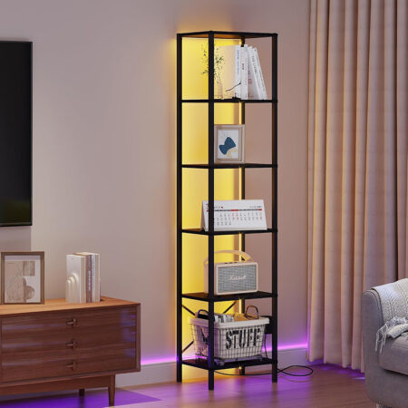 6-Tier Bookshelf, Tall Narrow Bookcase with LED Lights