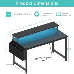 Black Gaming Desk with LED Lights and Power Outlets