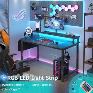 Black Gaming Desk with LED Lights and Power Outlets