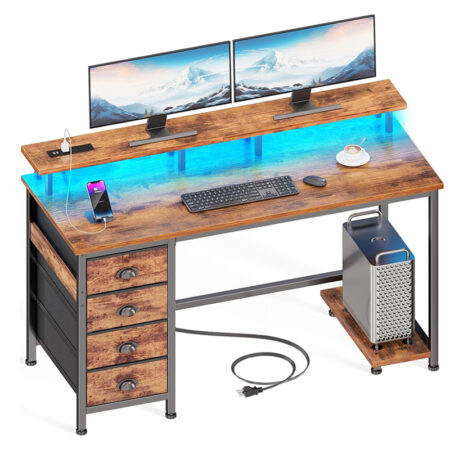 47″ White Computer Desk with 4 Fabric Drawers & Monitor Stand