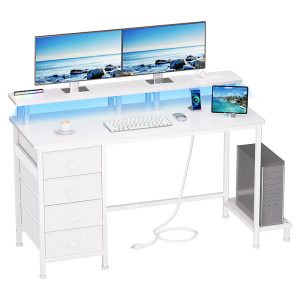47″ White Computer Desk with 4 Fabric Drawers & Monitor Stand