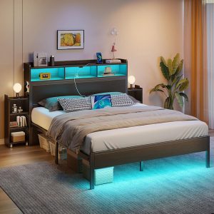 Bed Frame Full Size with Bookcase Storage Headboard
