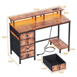 47″ White Computer Desk with 4 Fabric Drawers & Monitor Stand