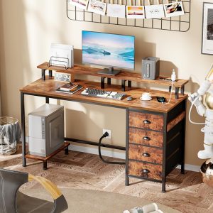47″ White Computer Desk with 4 Fabric Drawers & Monitor Stand