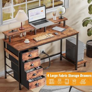 47″ White Computer Desk with 4 Fabric Drawers & Monitor Stand