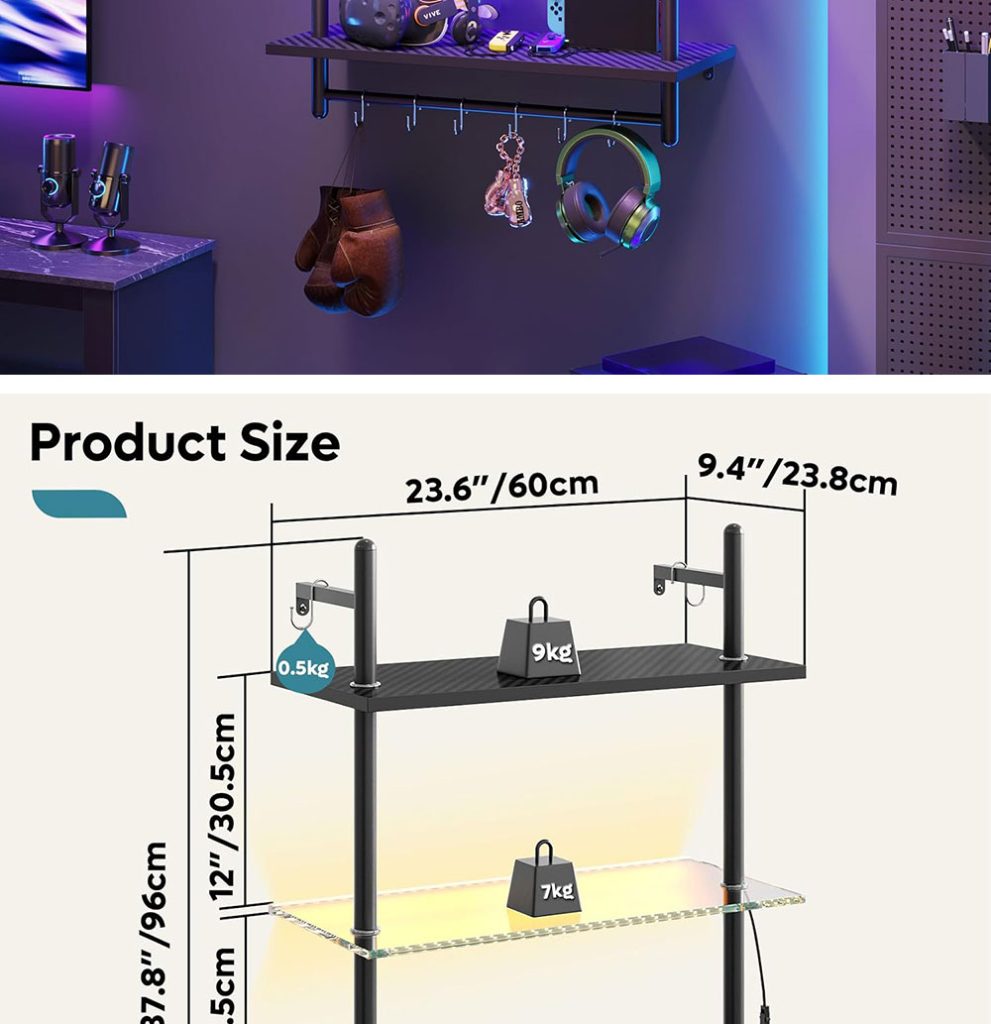 Gaming Floating Shelves, 24 inch LED Wall Mounted Shelves detail