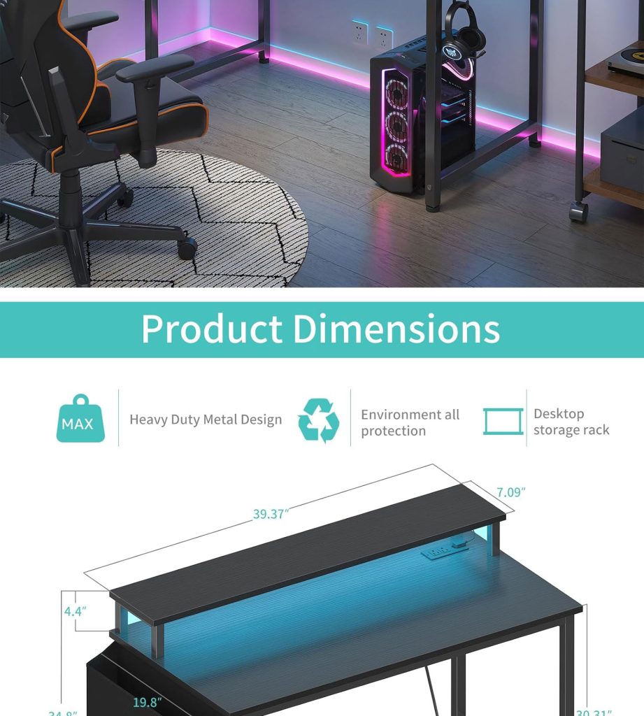 Black Gaming Desk with LED Lights and Power Outlets detail