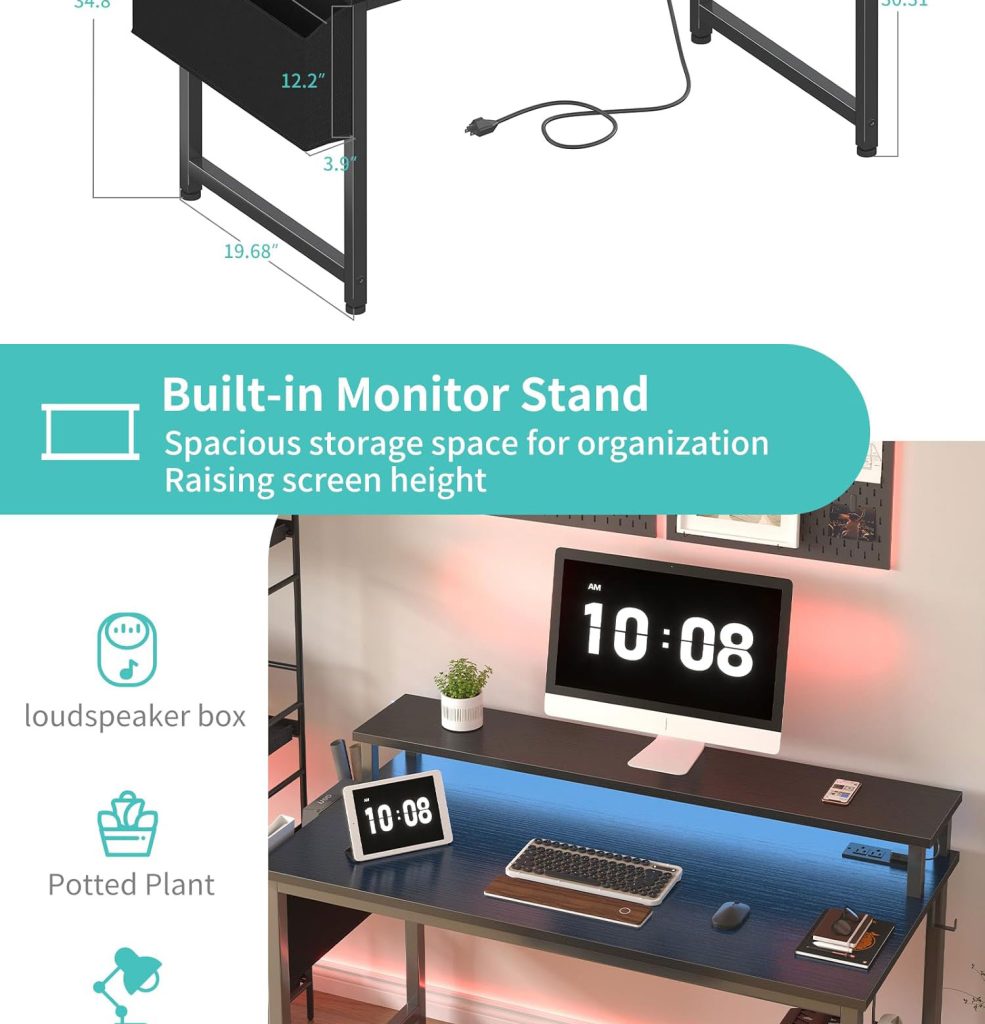 Black Gaming Desk with LED Lights and Power Outlets detail
