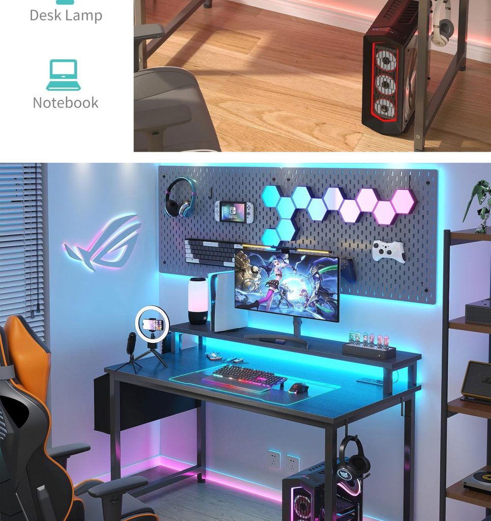 Black Gaming Desk with LED Lights and Power Outlets detail