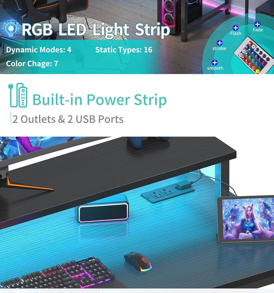Black Gaming Desk with LED Lights and Power Outlets detail