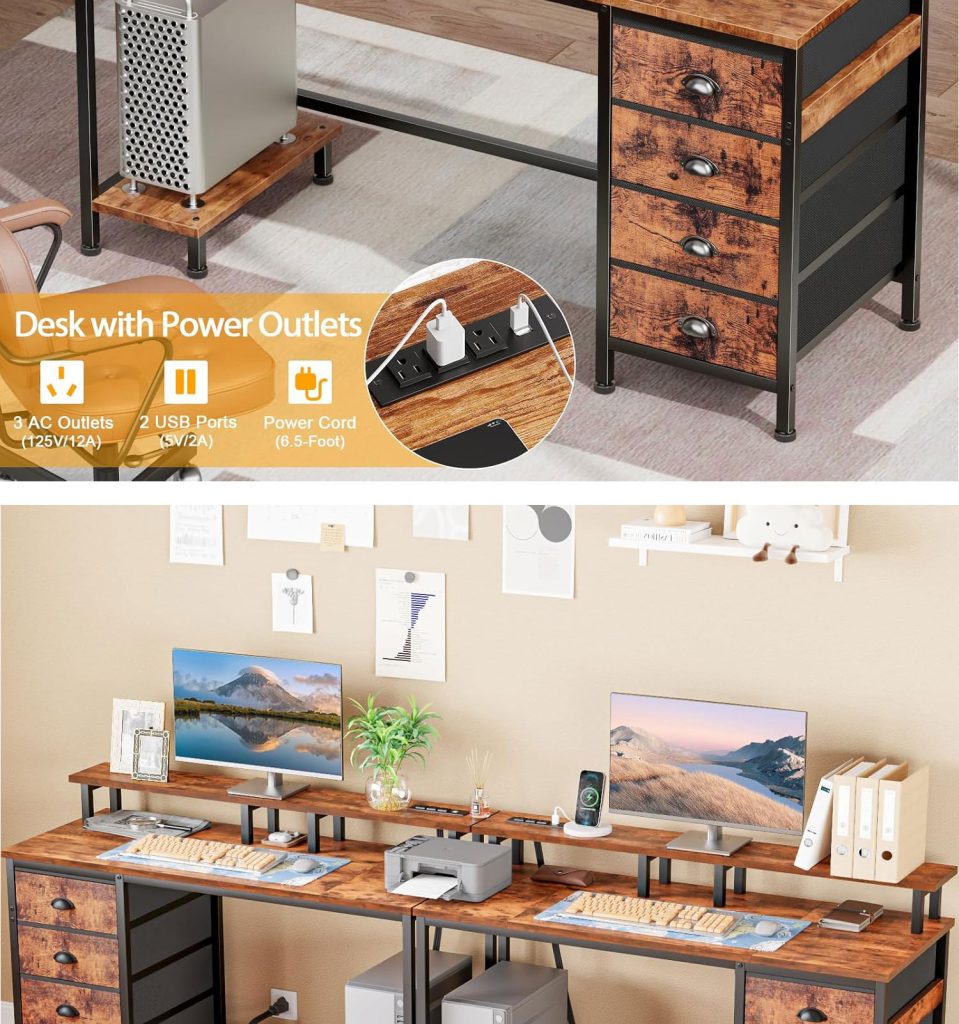 47″ White Computer Desk with 4 Fabric Drawers & Monitor Stand detail