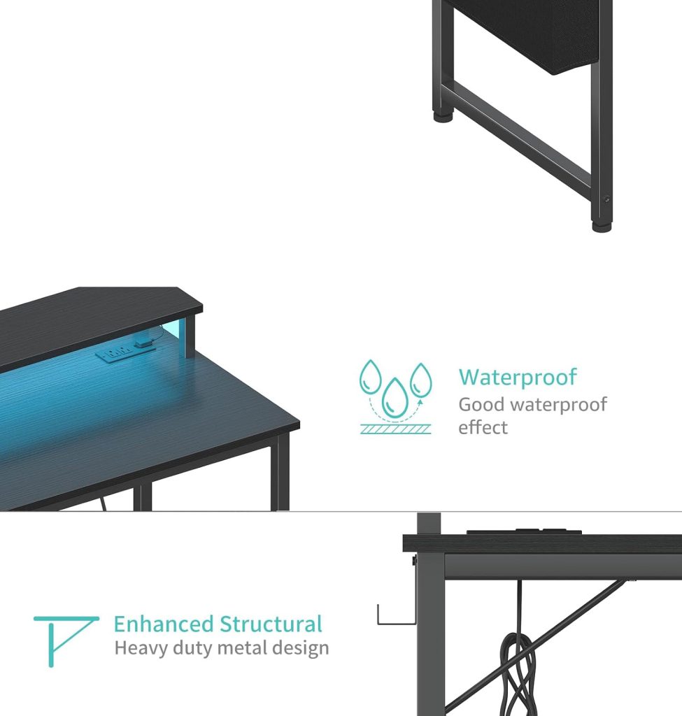 Black Gaming Desk with LED Lights and Power Outlets detail