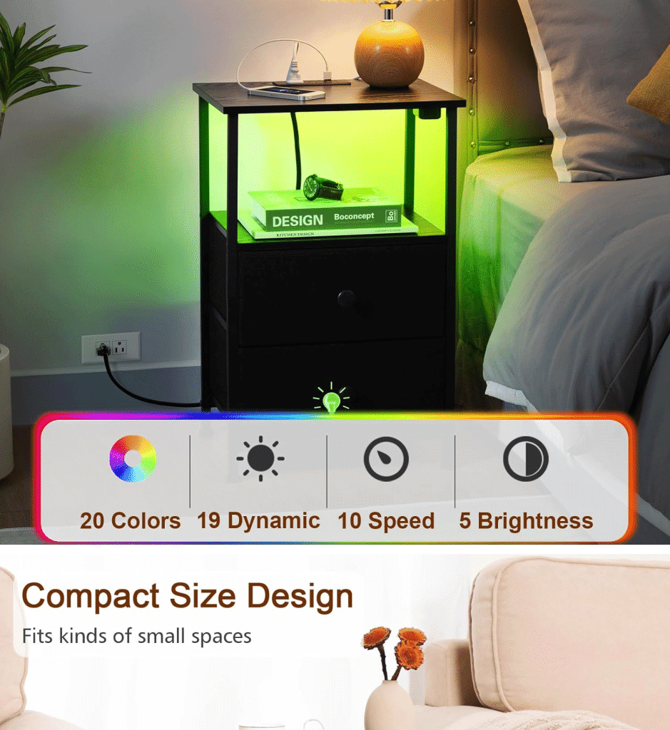 LED Nightstand with Charging Station detail