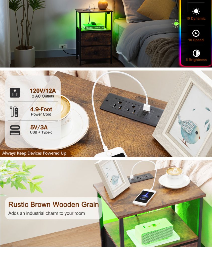LED Nightstand with Charging Station detail