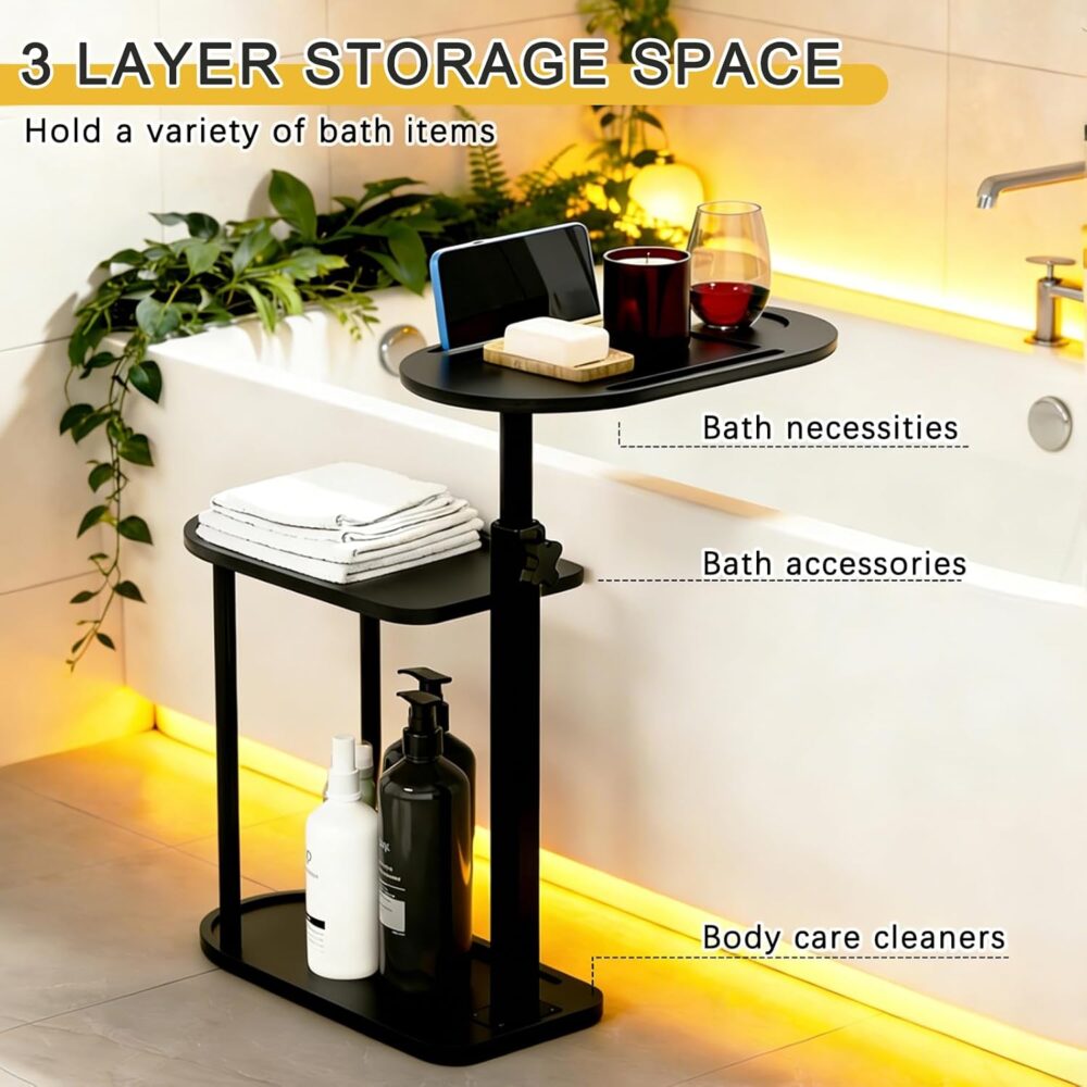 3-Tier Freestanding Bathtub Tray Table, Bamboo Swivel Bath Side Table — view 4