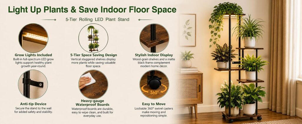 5-Tier Rolling Plant Stand with Grow Lights detail