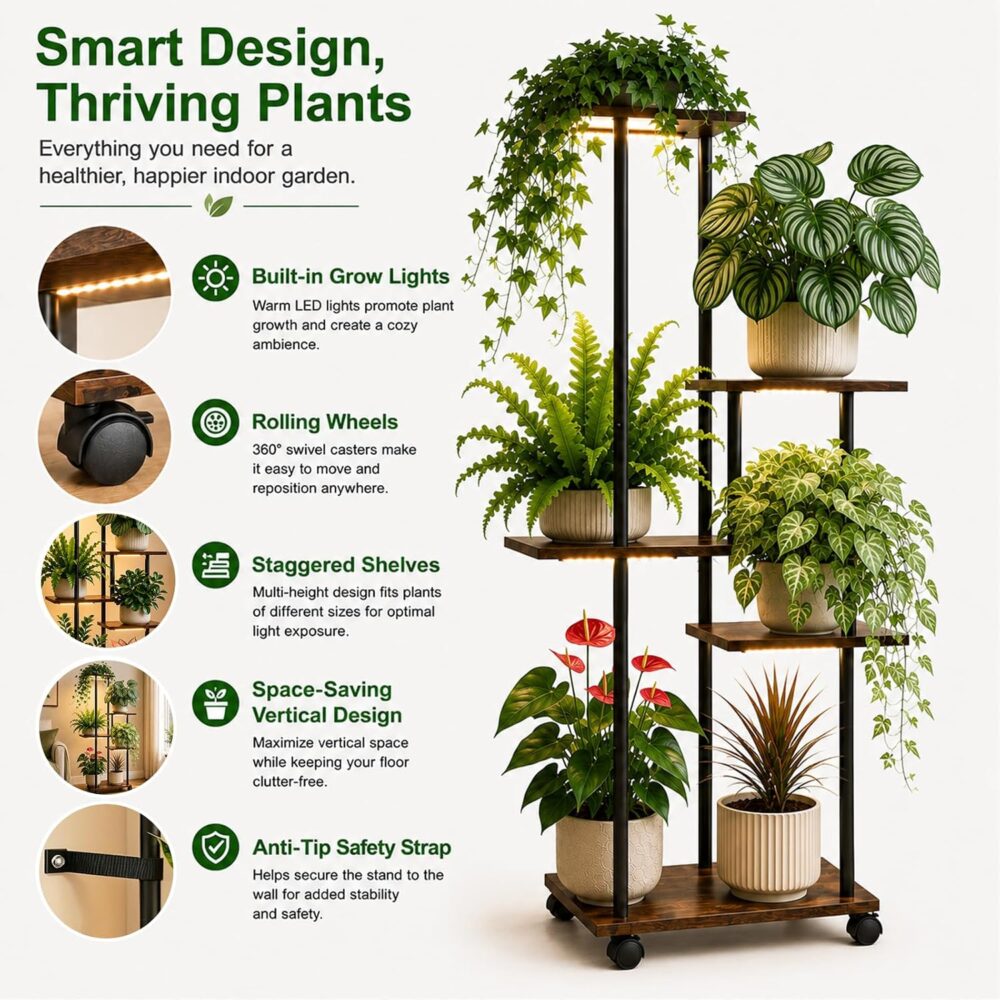 5-Tier Rolling Plant Stand with Grow Lights — view 5