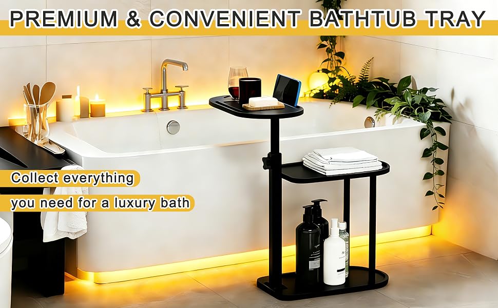 3-Tier Freestanding Bathtub Tray Table, Bamboo Swivel Bath Side Table detail